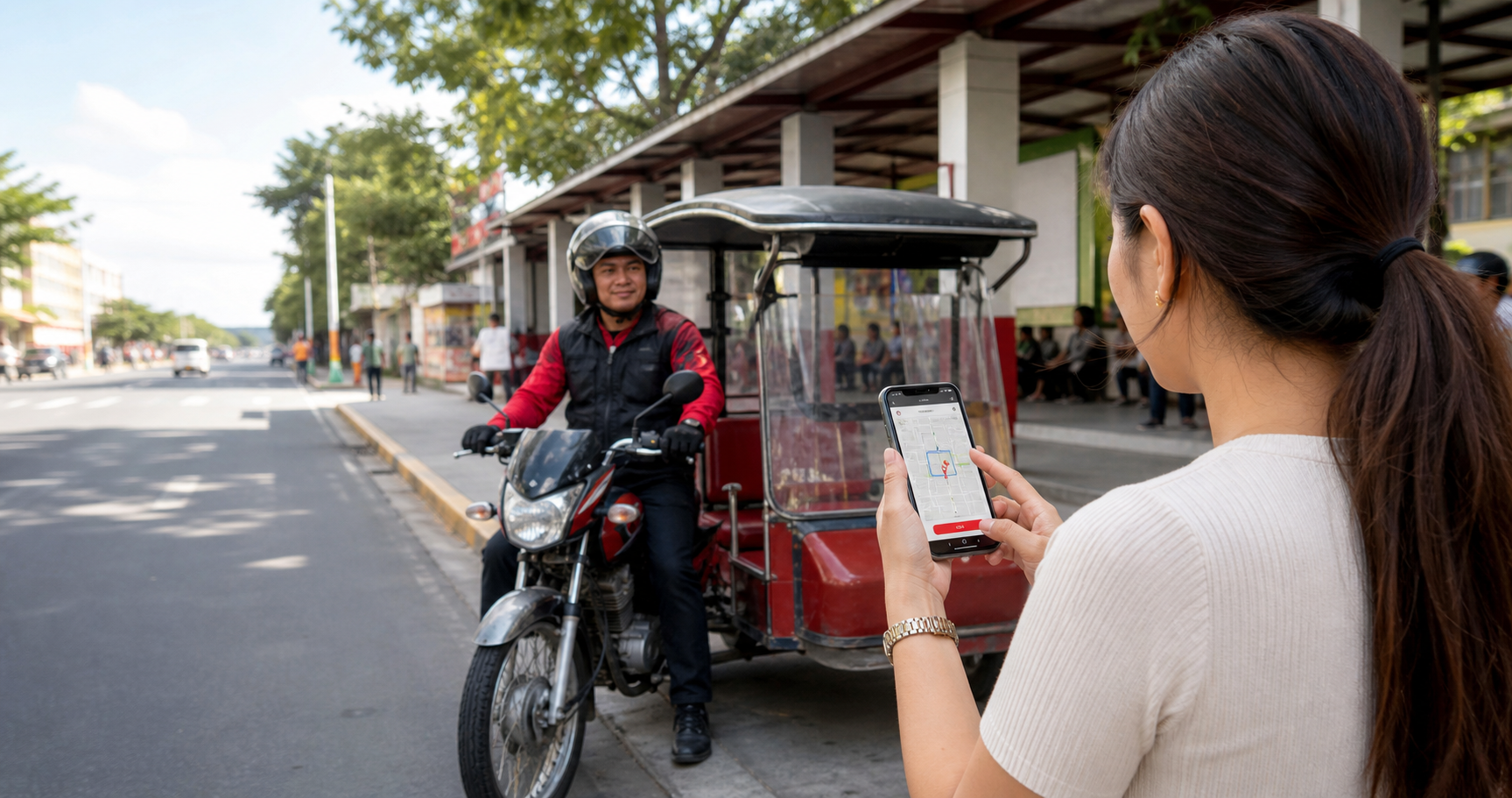 Passenger using a ride-hailing app while a local driver waits for pickup